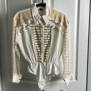 Two piece wide leg pants with bodysuit.  silk with gold accents,buttons.